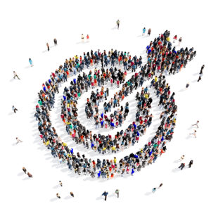 Large and creative group of people gathered together in the shape of a target . 3d illustration, isolated, white background.